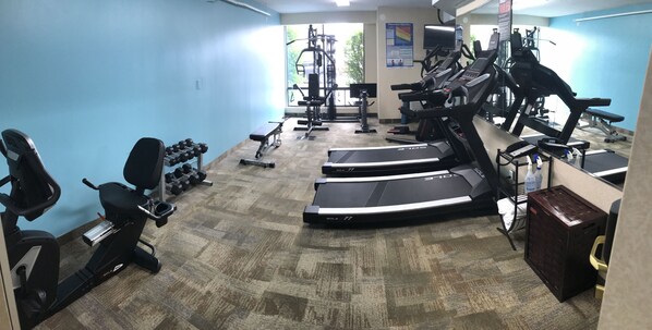 A gym with treadmills, dumbbells, and weight machines.