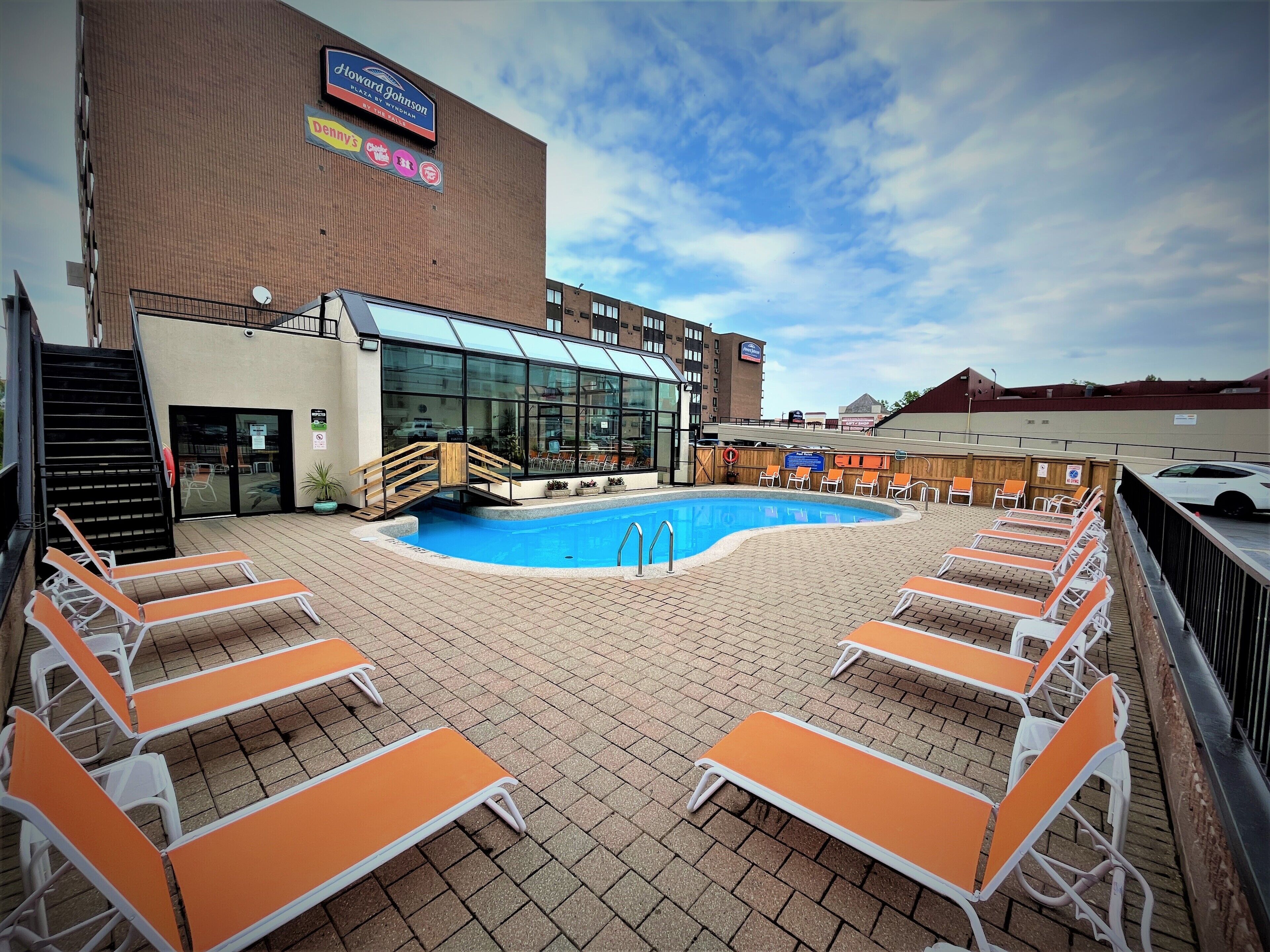 indoor pool, seasonal outdoor pool, pool loungers