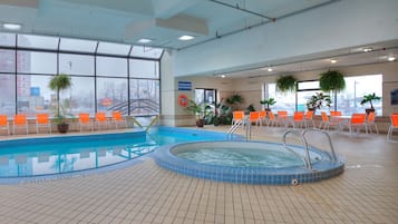 Indoor pool, seasonal outdoor pool, pool loungers