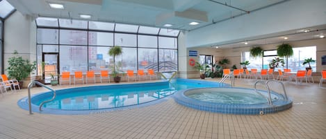 Indoor pool, outdoor pool, pool loungers