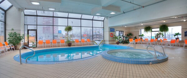 Indoor pool, seasonal outdoor pool, pool loungers