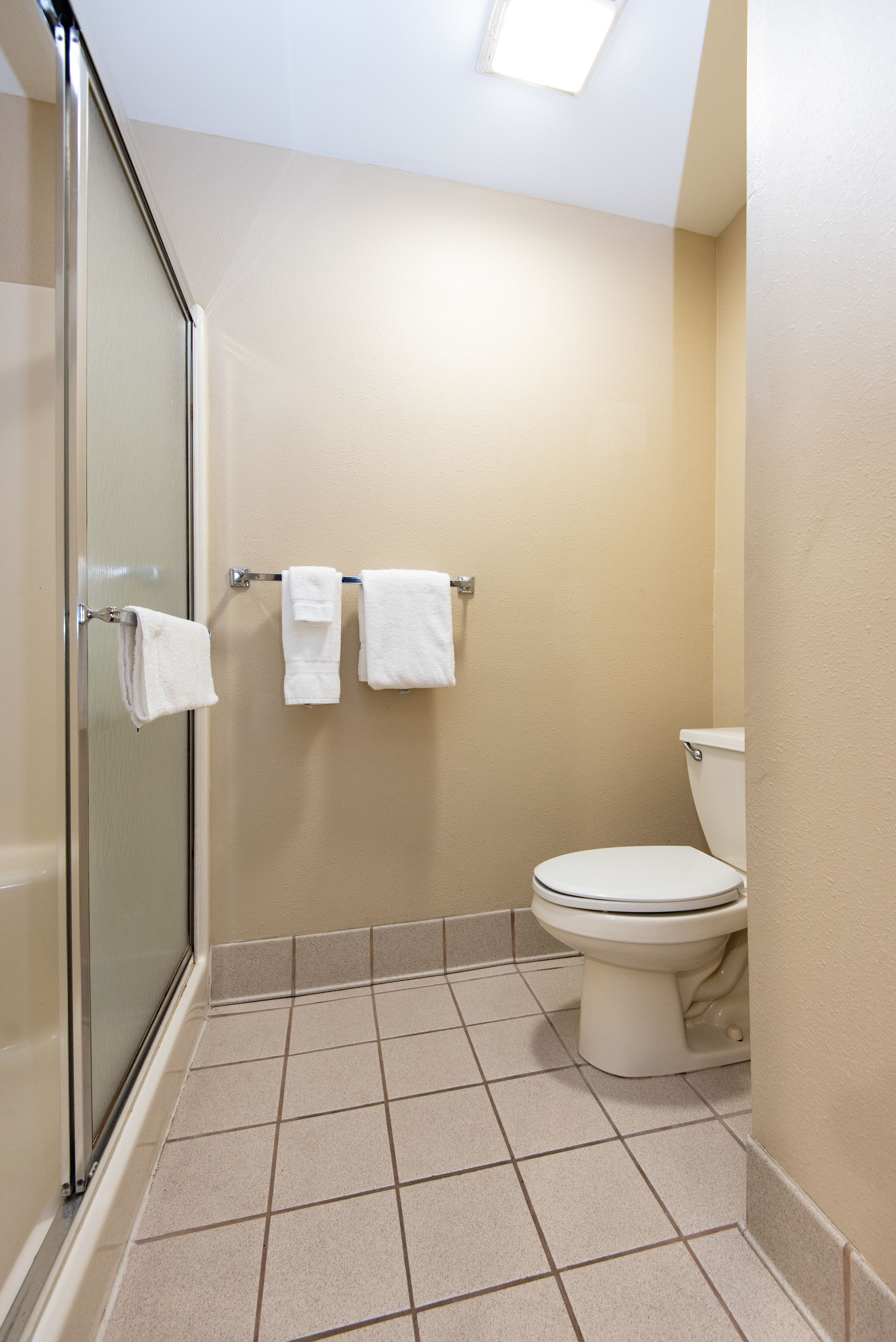 A bathroom with a glass shower door, a toilet, and two towels hanging on a rack.