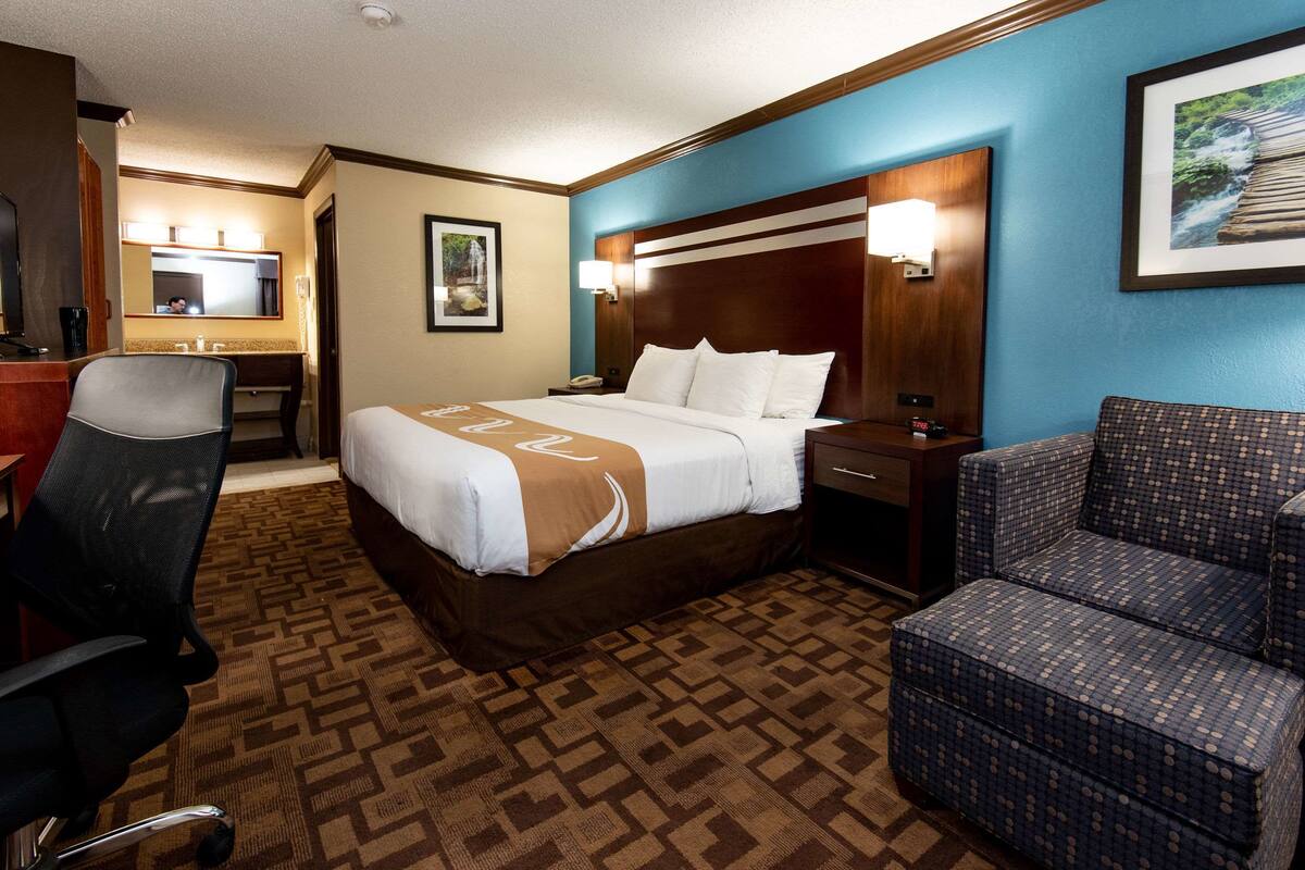 A hotel room with a bed, a desk, a chair, and a sofa.