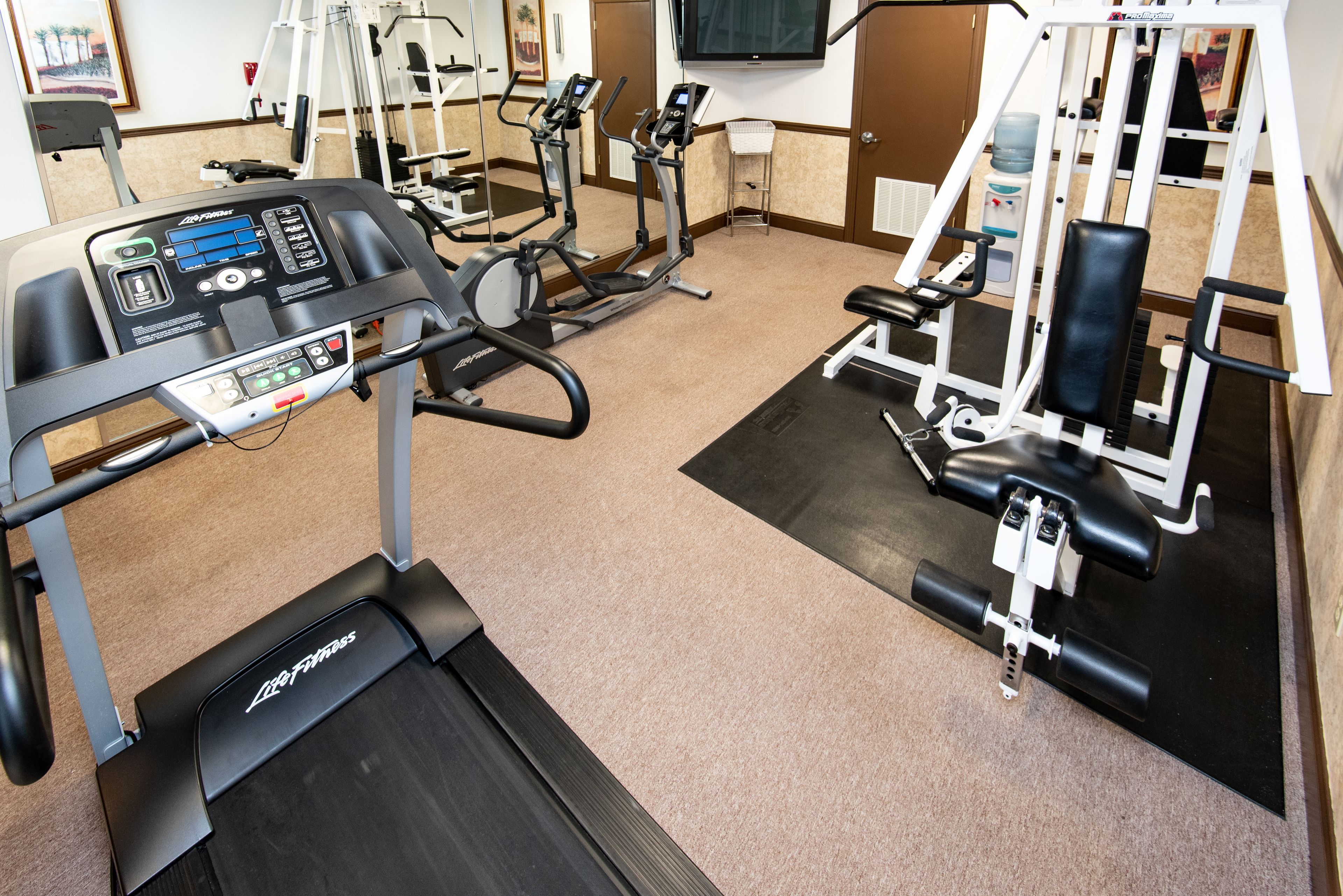 Une salle de sport équipée de tapis de course, de vélos elliptiques et de matériel de musculation.