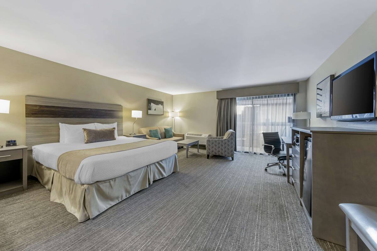 A hotel room with a large bed, a desk, a chair, a TV, and a window with curtains.