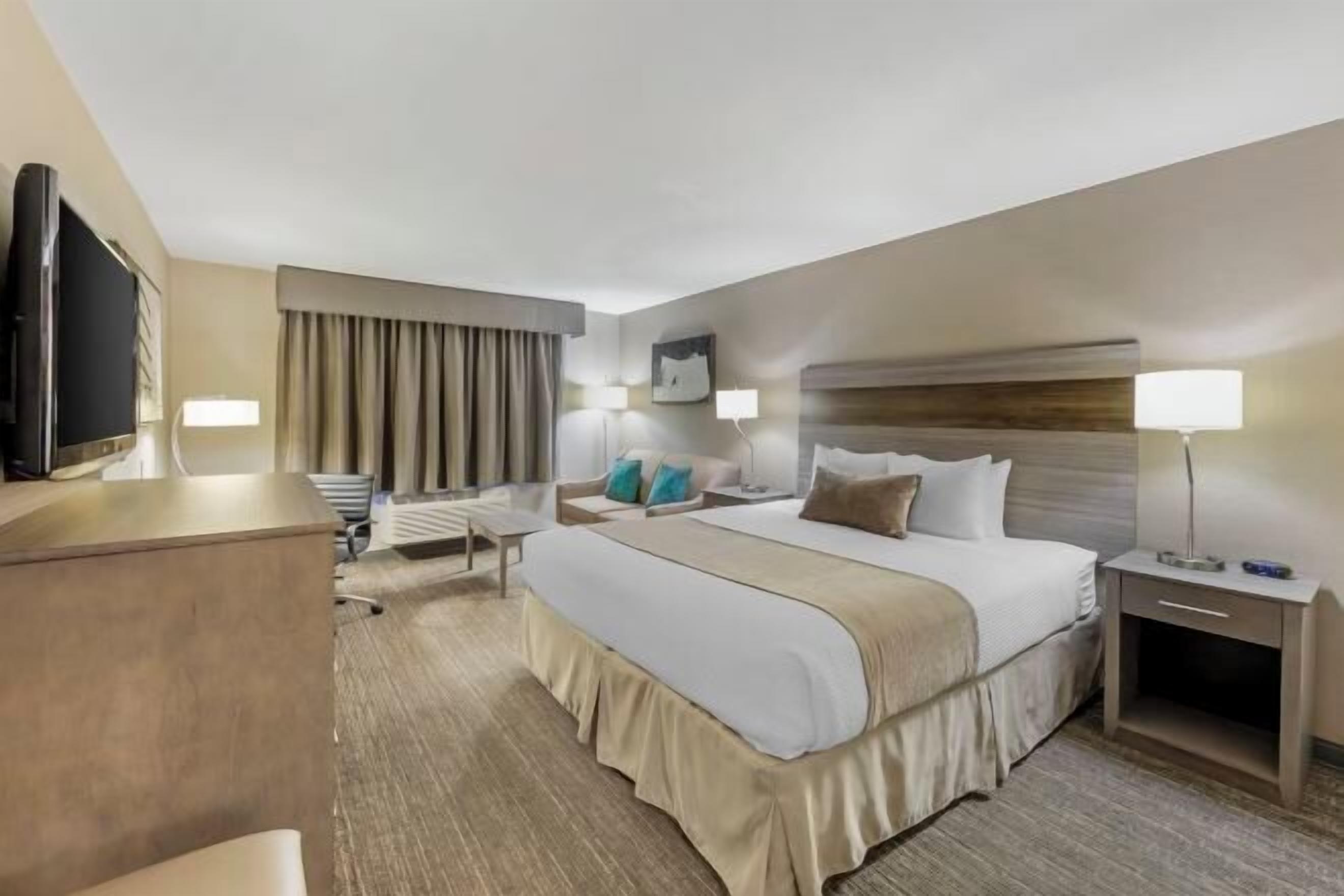 Premium bedding, blackout drapes, iron/ironing board