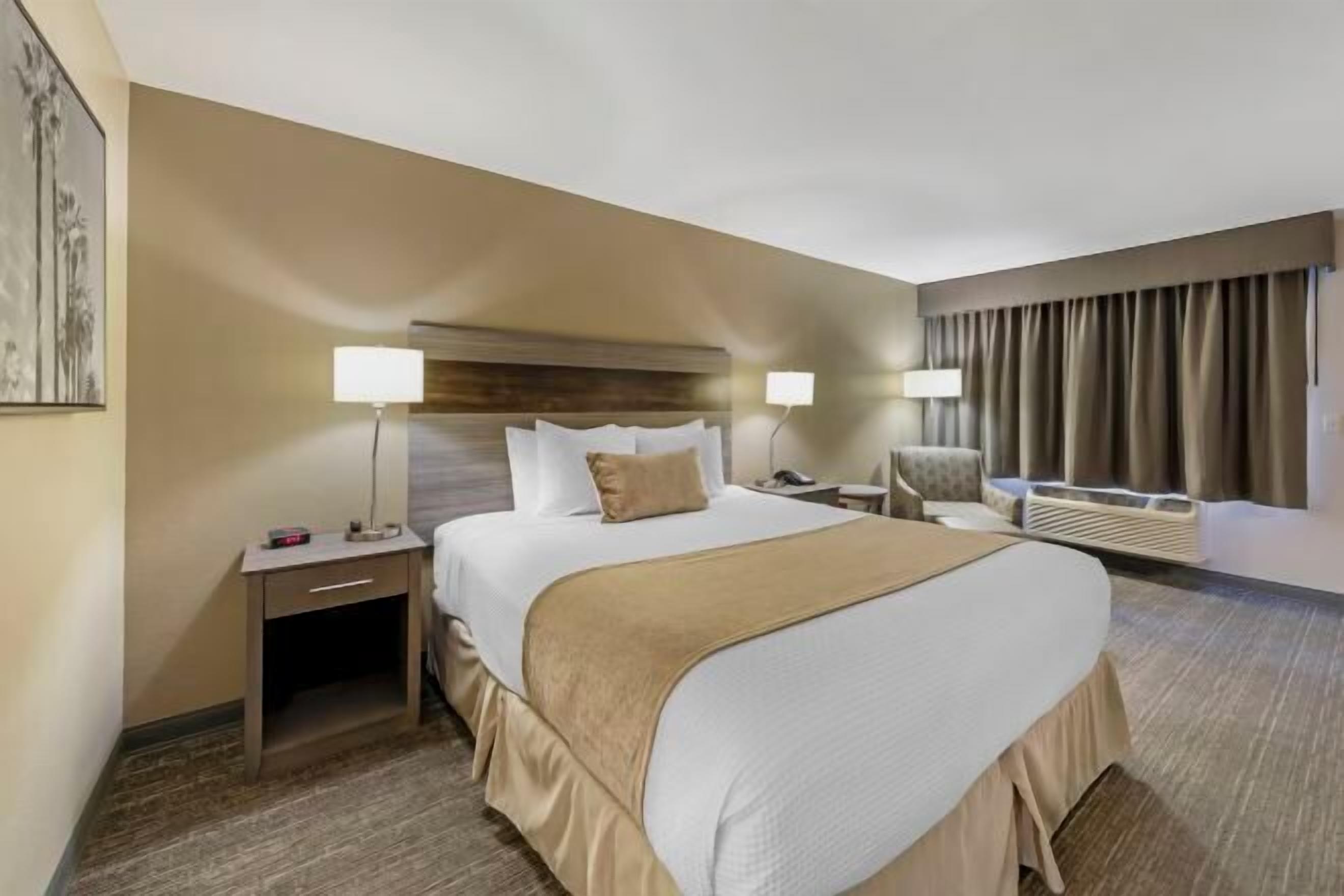 Premium bedding, blackout drapes, iron/ironing board