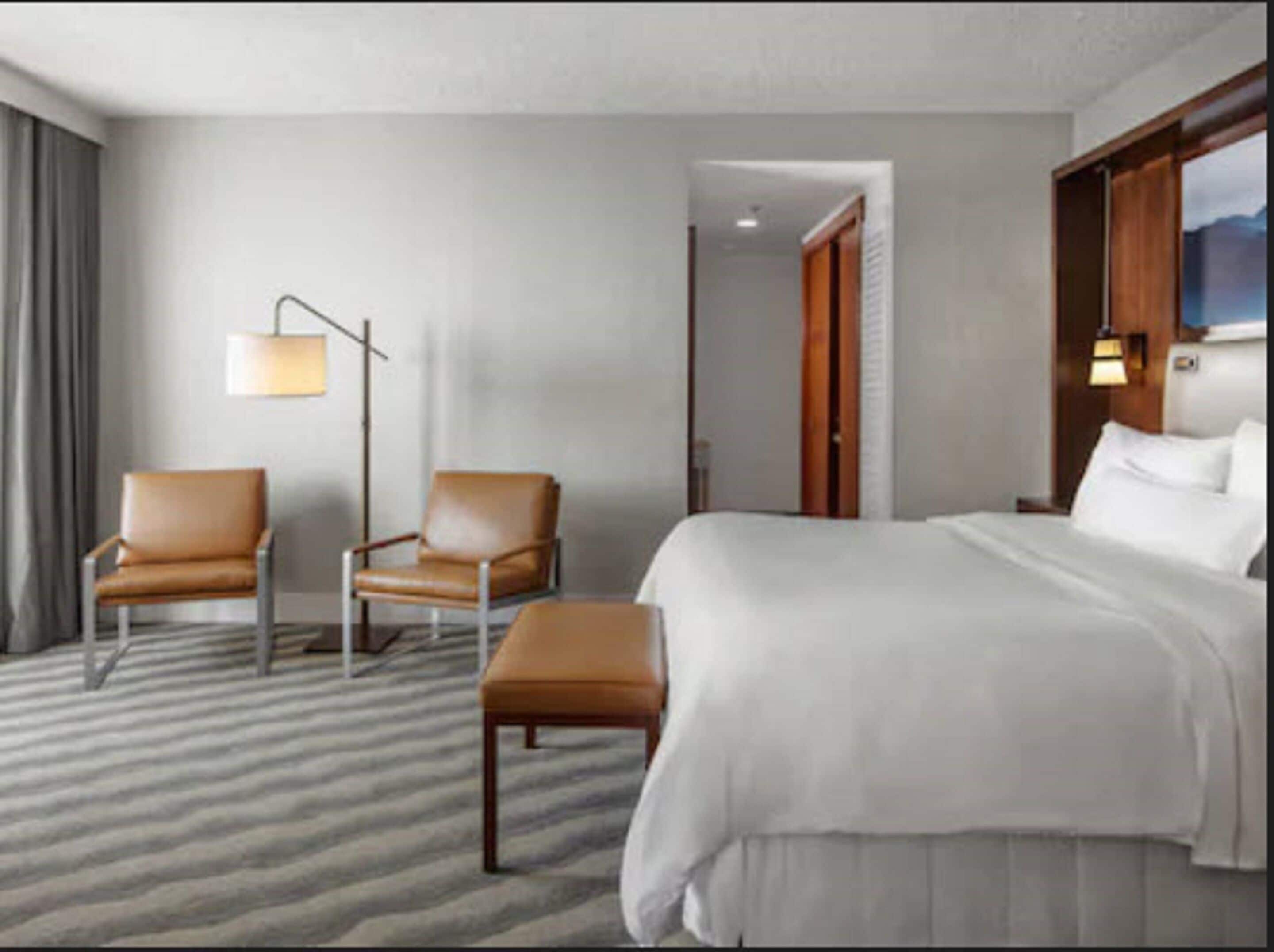 Habitación de hotel con cama, dos sillas, una lámpara de pie y vistas a las montañas a través de una ventana.