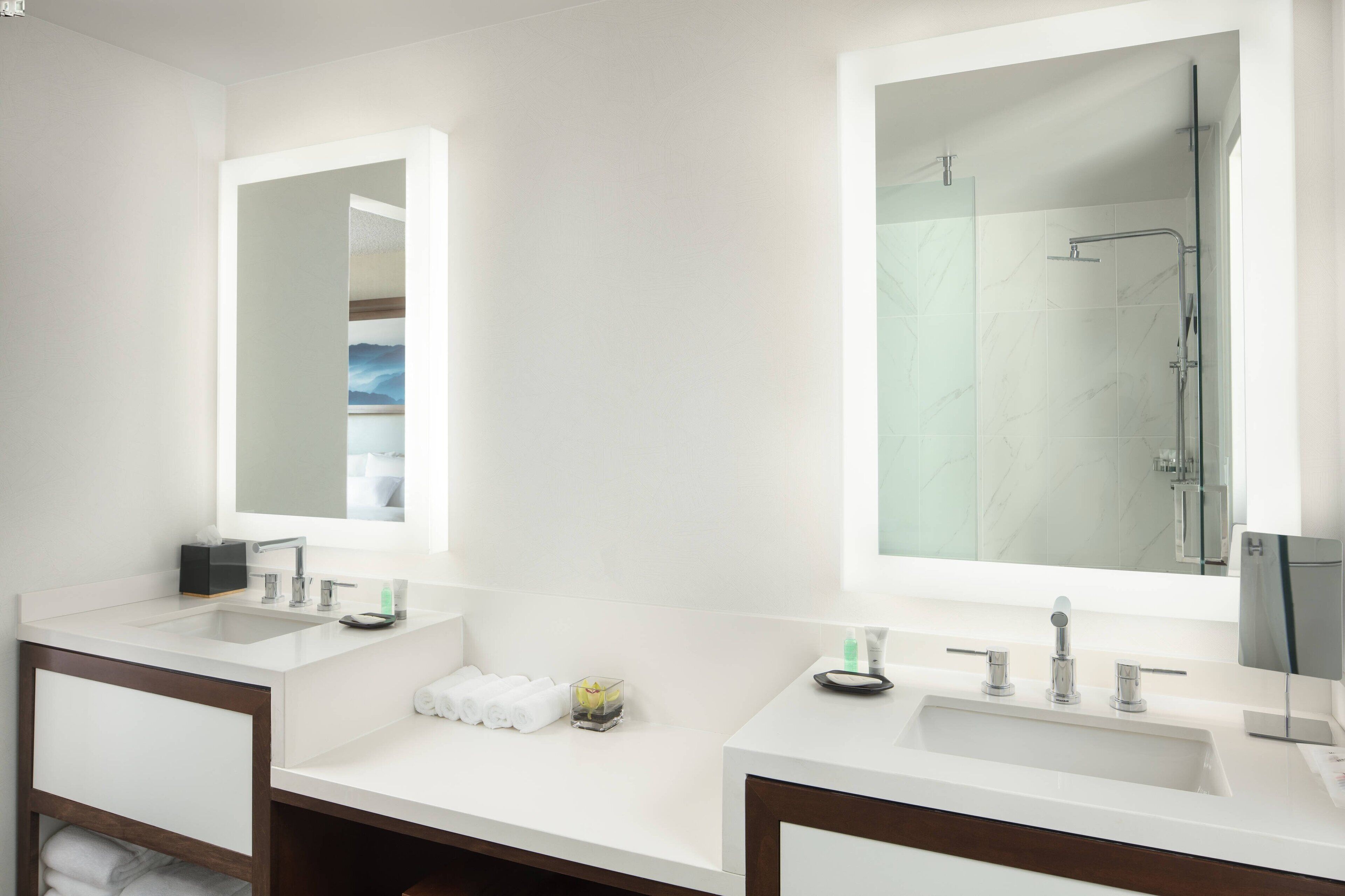 combined shower/bathtub, free toiletries, hair dryer, towels