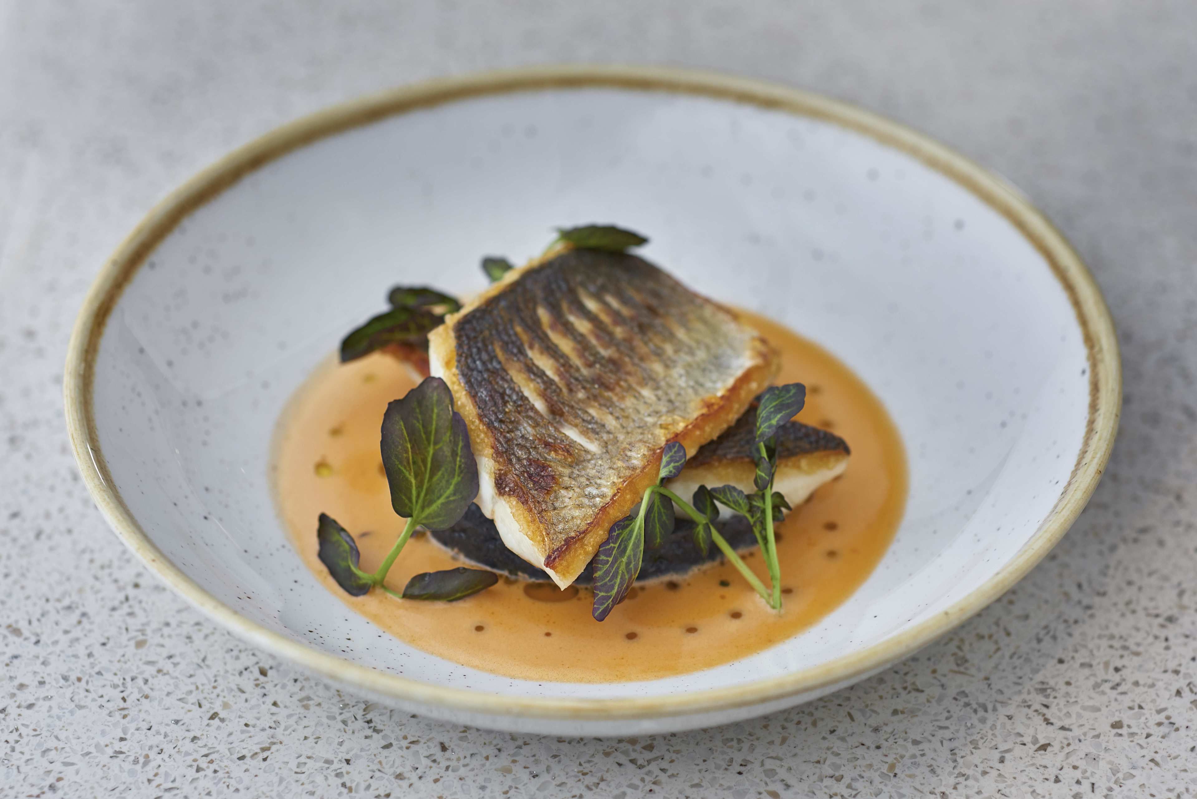 A plate with a piece of fish, greens, and a sauce.