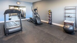 Ein Heimfitnessraum mit Laufband, Crosstrainer, Ergometer und einer Reihe von Trainingsbällen.