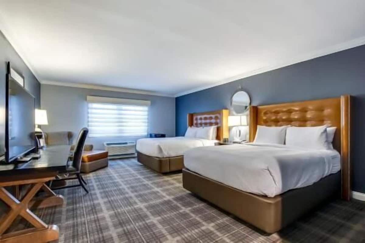 Una habitación de hotel con dos camas, un escritorio, una silla y un televisor.