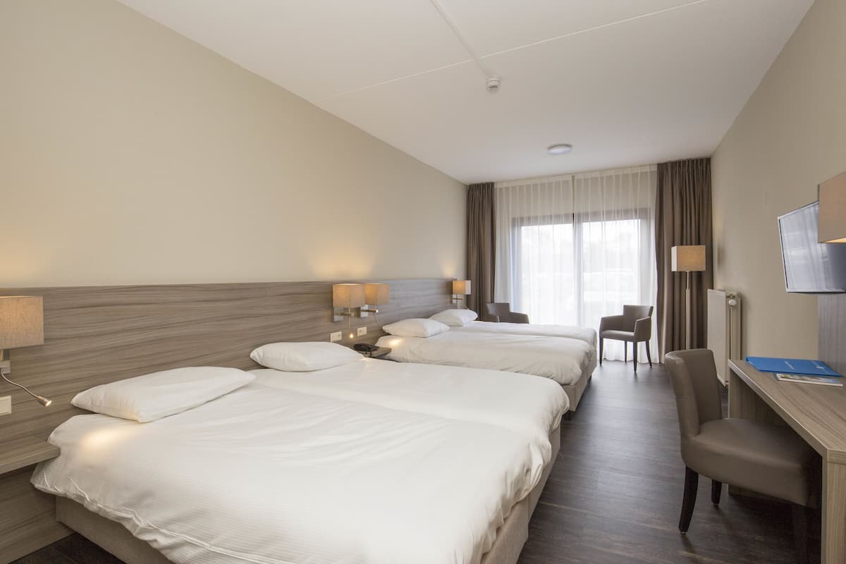 A hotel room with three beds, a desk, a chair, and a TV.