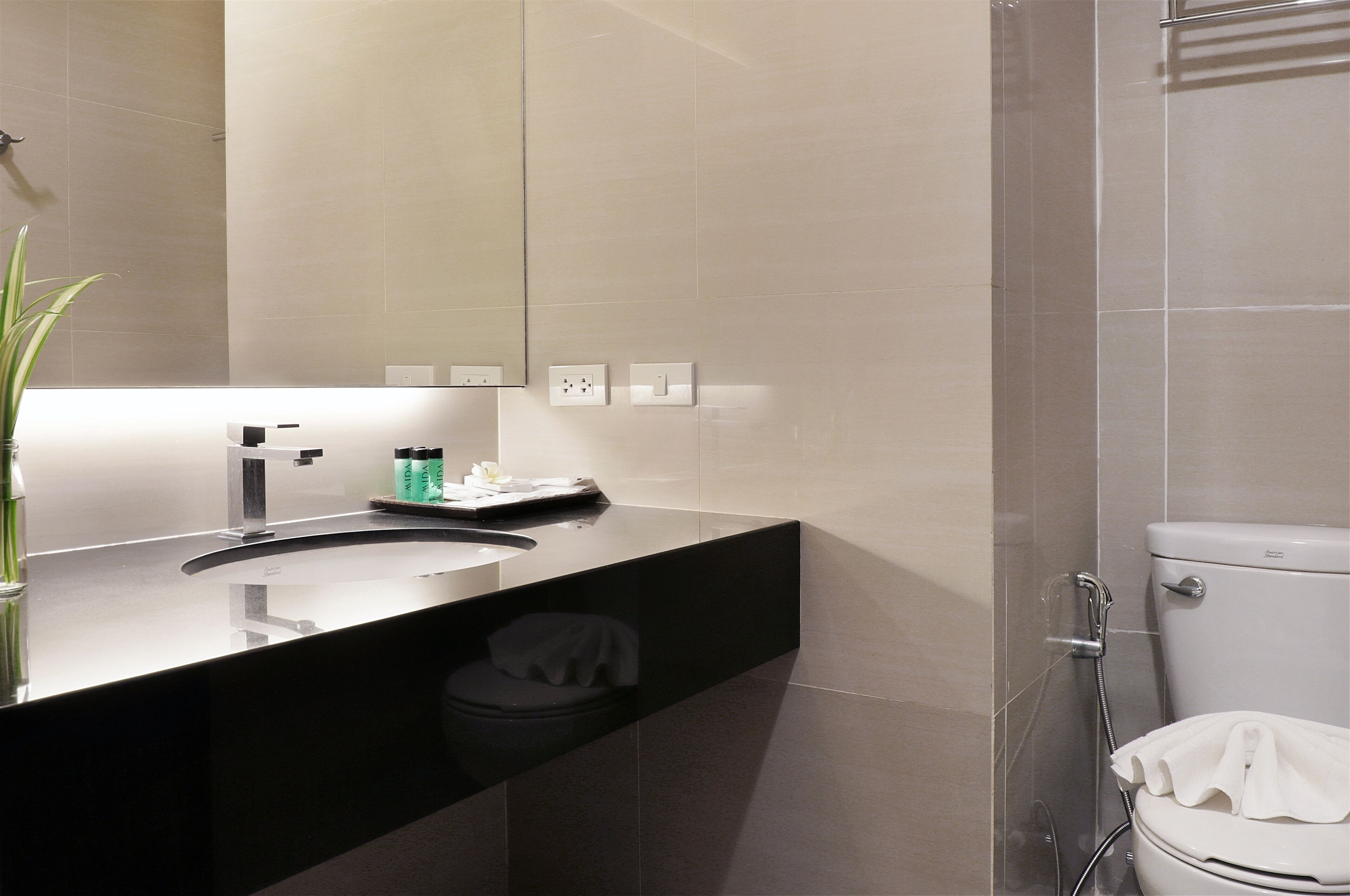 Een moderne badkamer met een zwart wastafel, spiegel en toilet.