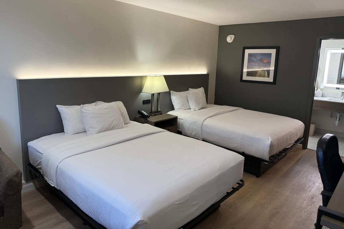 Habitación de hotel con dos camas, una mesita de noche con lámpara, un cuadro enmarcado en la pared y una ventana con vistas.