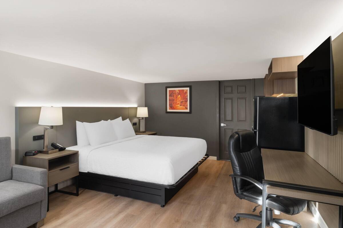 Una camera d'albergo con un letto, una scrivania, una sedia, una televisione e un quadro appeso al muro.