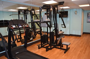 Un gimnasio con máquinas de cardio, máquinas de pesas y un espejo grande.
