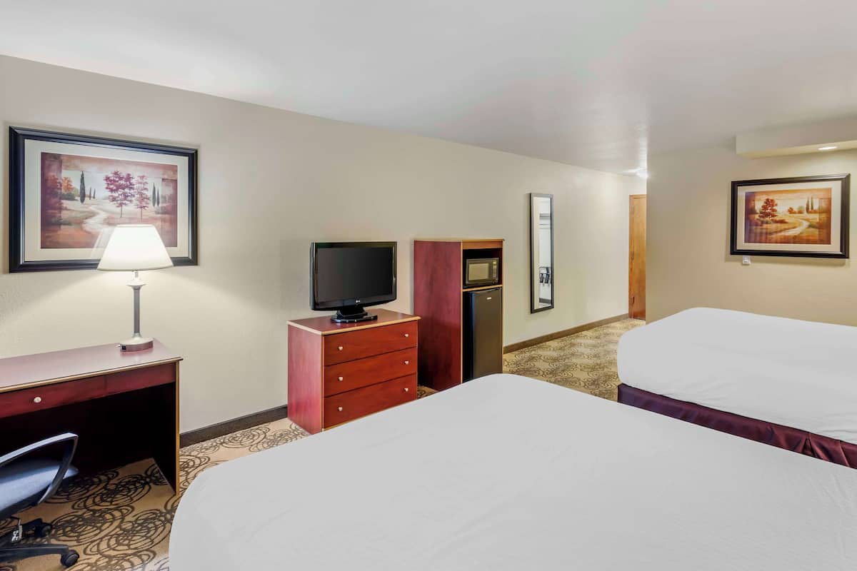 Quarto de hotel com duas camas, uma escrivaninha com luminária, televisão, micro-ondas e geladeira.