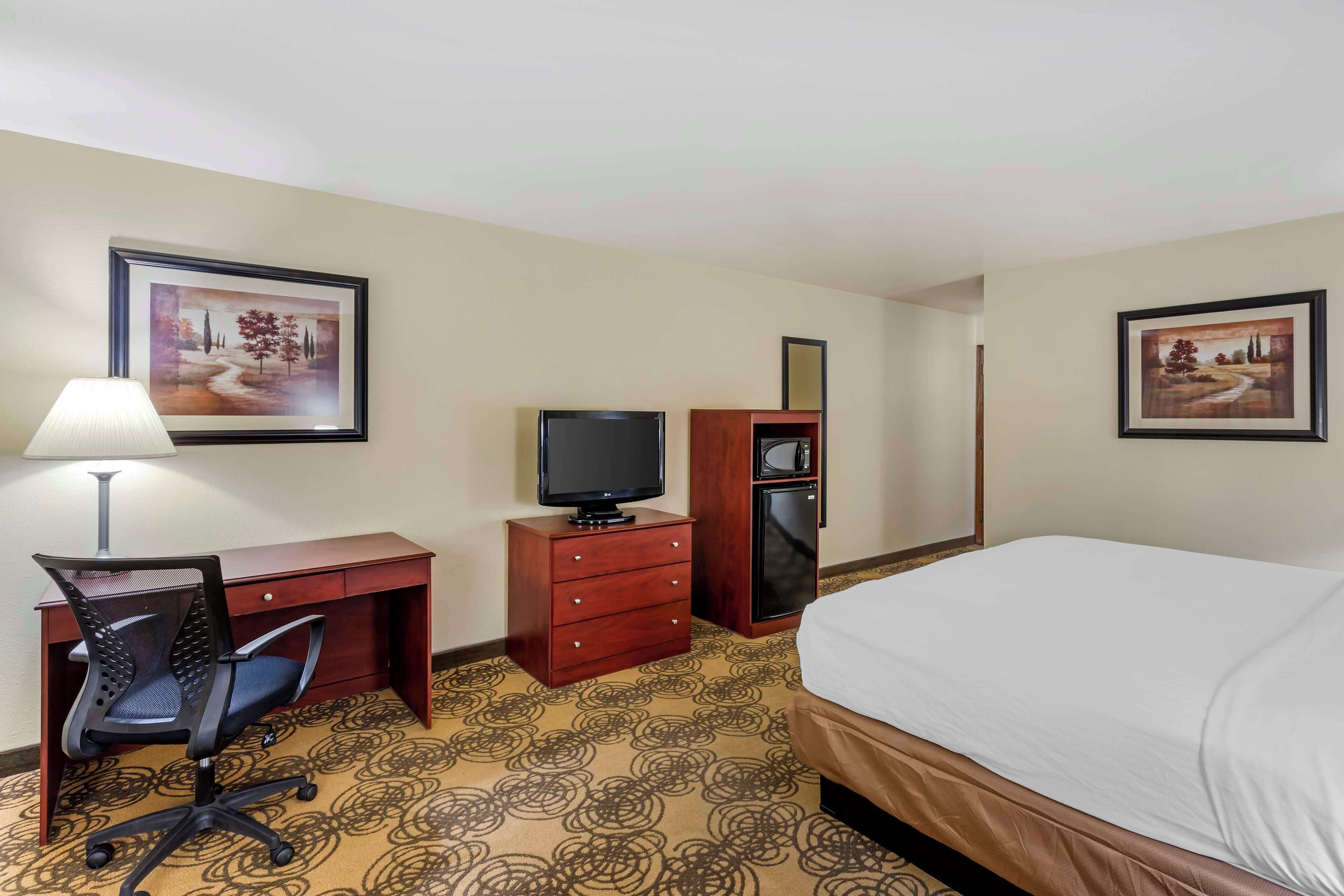 Habitación de hotel con cama, escritorio, silla, televisor y microondas.