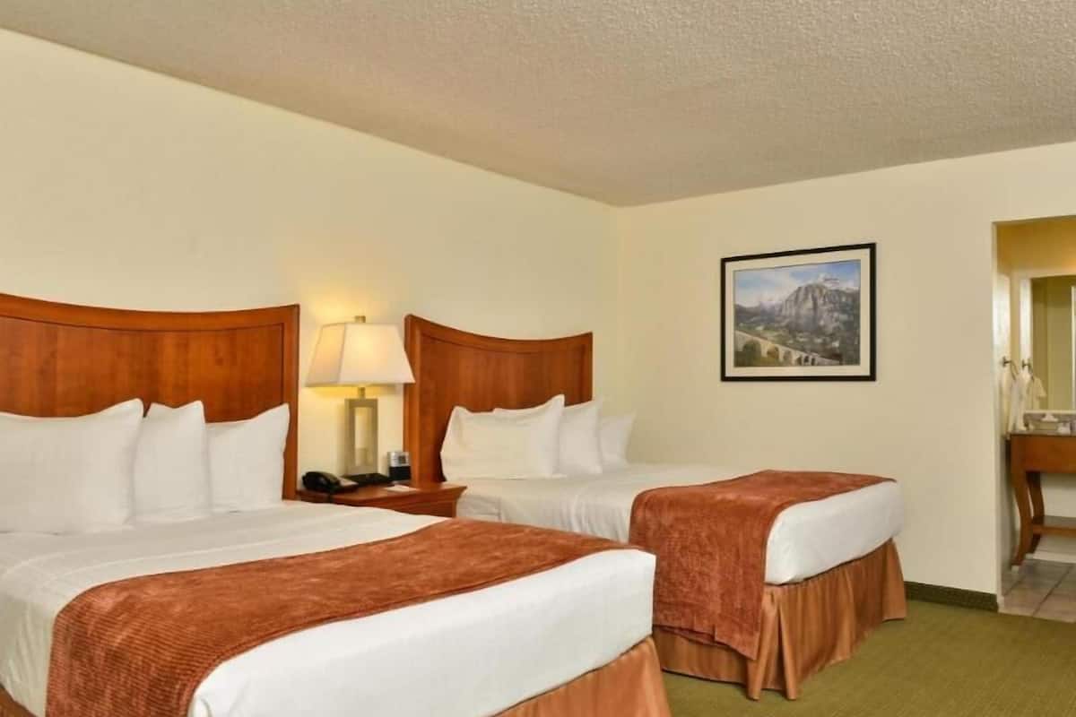 A hotel room with two beds, a nightstand with a lamp, a painting on the wall, and a mirror above the dresser.