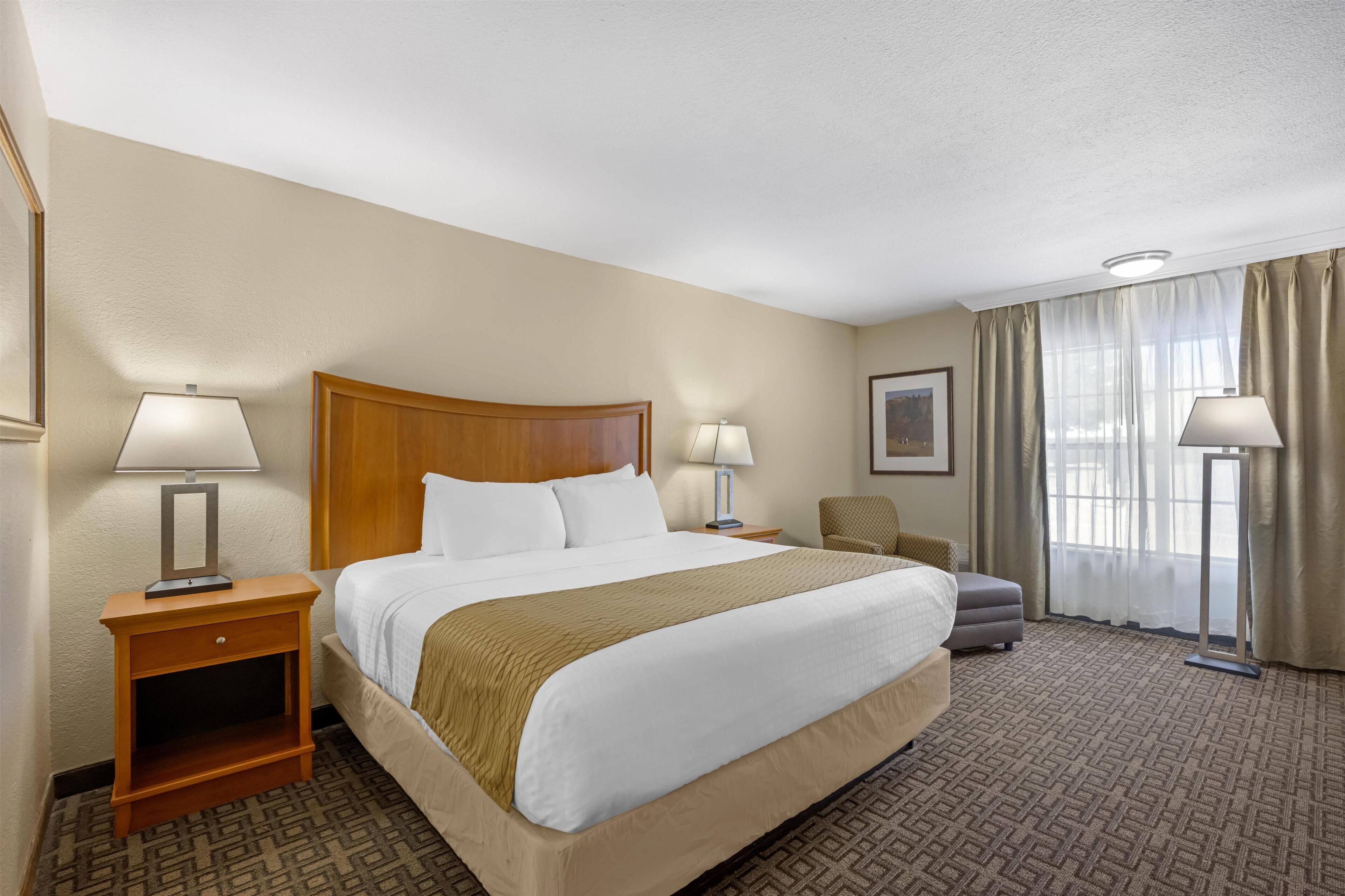 Premium bedding, pillow-top beds, laptop workspace, iron/ironing board