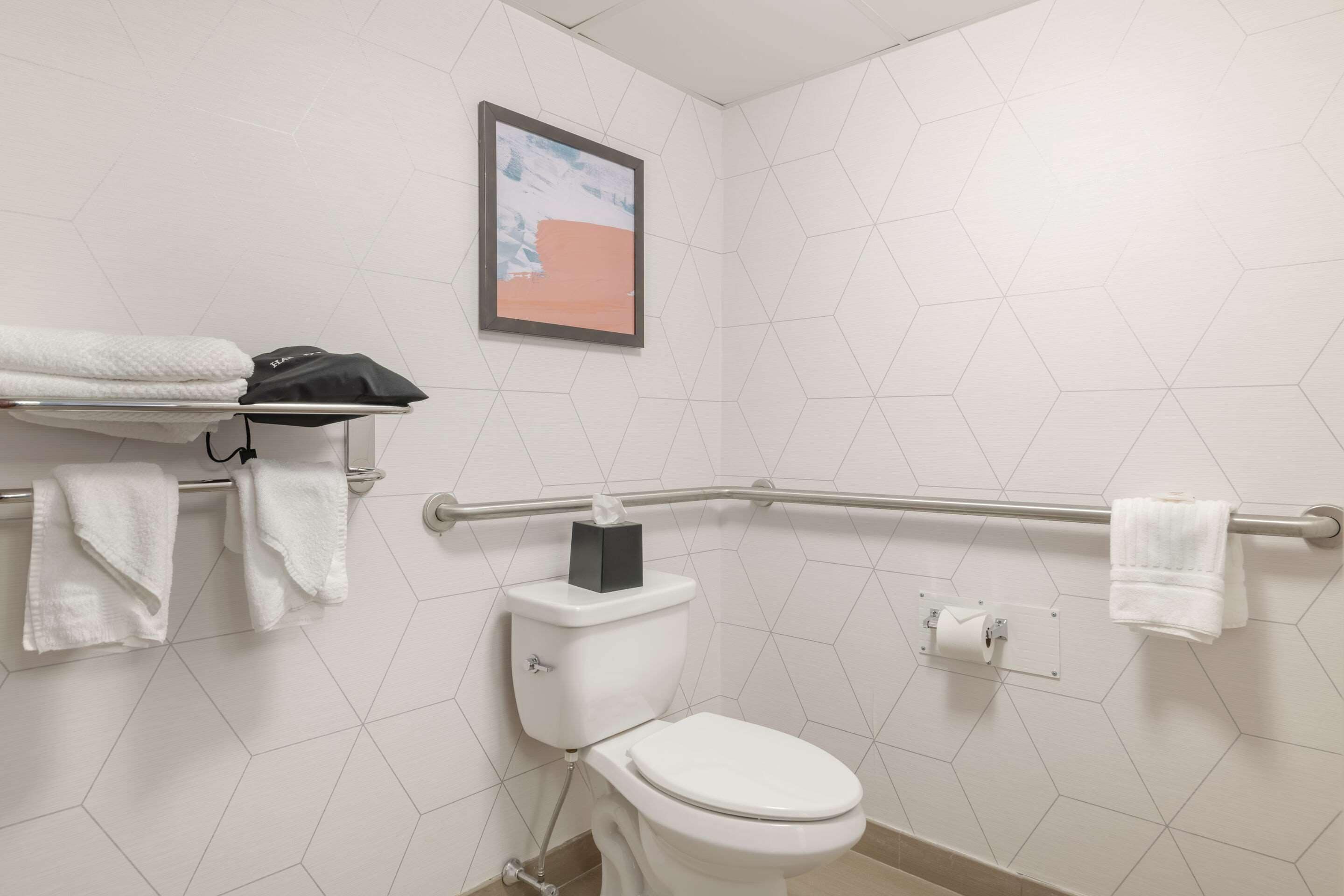 Un baño con inodoro, toallero y baranda.