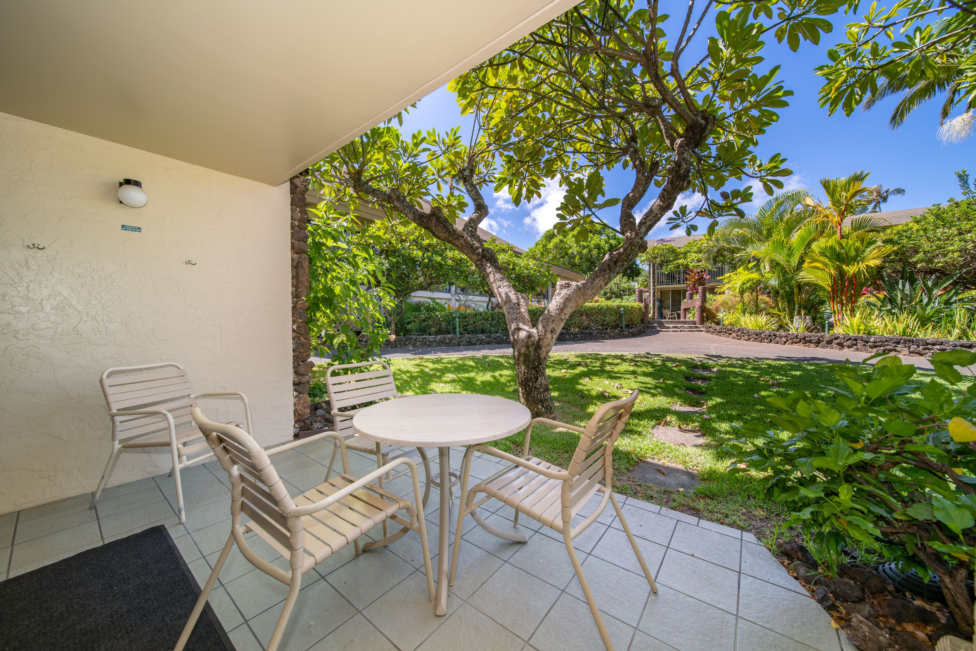 An outdoor patio with a round table and four chairs, surrounded by lush greenery and a tree.
