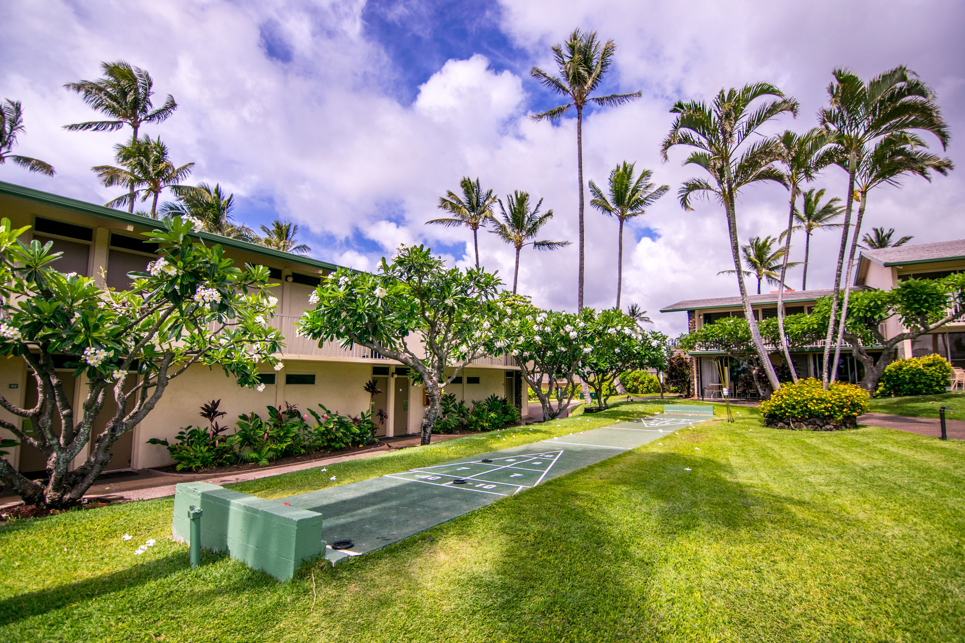 A courtyard with a shuffleboard court, palm trees, and a building with a flat roof and beige walls.