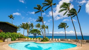 Une piscine avec des chaises longues et des palmiers, offrant une vue sur l’océan.