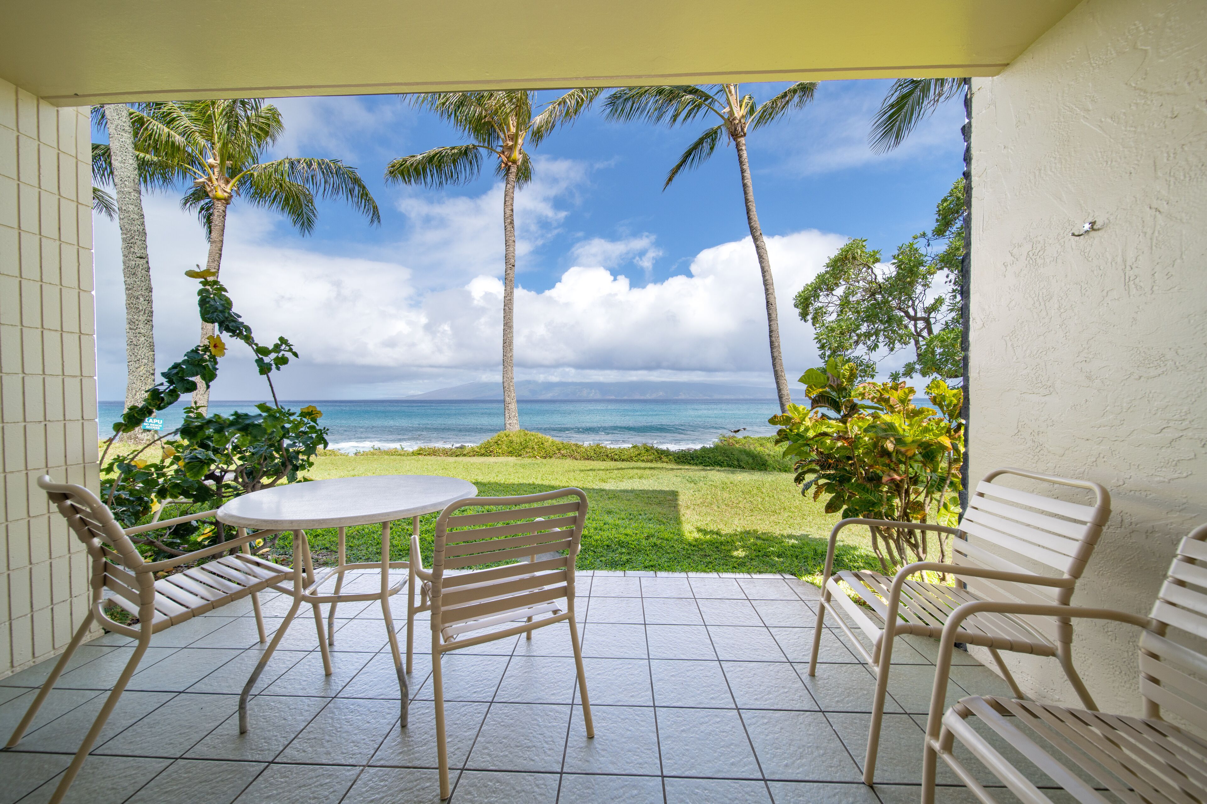 Une terrasse avec une table et des chaises, une vue sur l’océan et des palmiers.