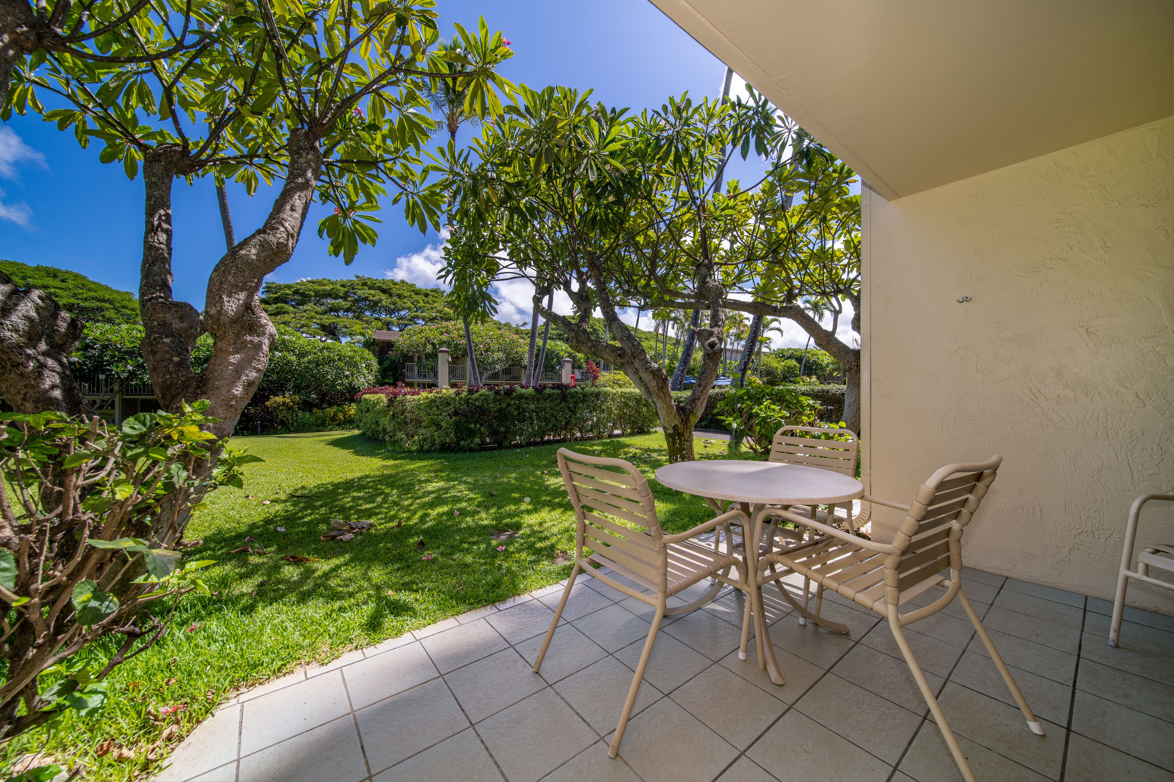 Une terrasse extérieure avec une table et des chaises, entourée de verdure et d’arbres.