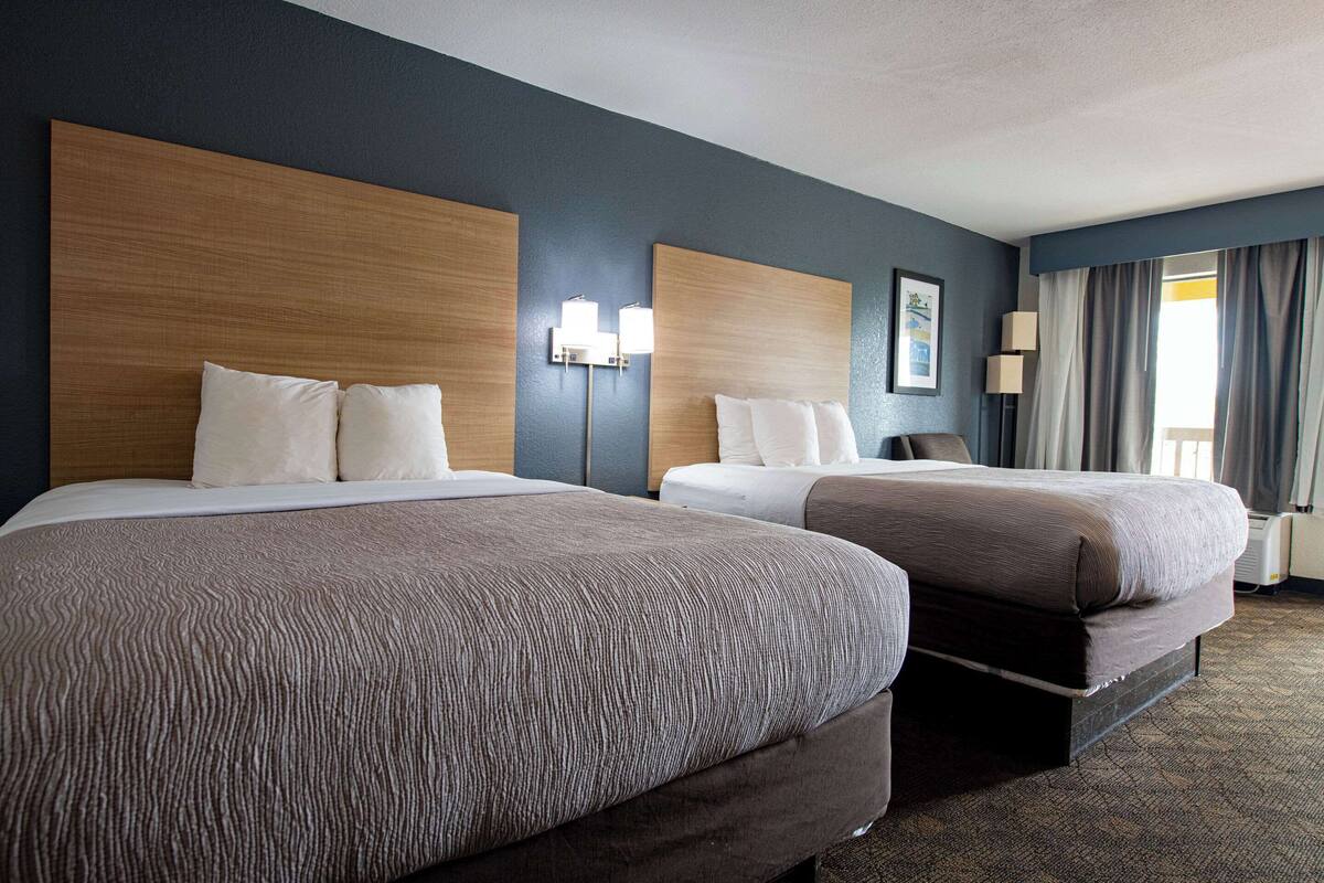 Ett hotellrum med två sängar, mörkblå väggar och ett stort fönster med gardiner.