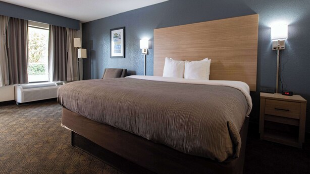 A hotel room with a large bed, a bedside table with a lamp, a window with curtains, and a wall-mounted air conditioner.