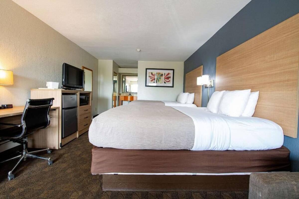 Ett hotellrum med en säng, ett skrivbord, en stol, en tv och ett litet pentry.