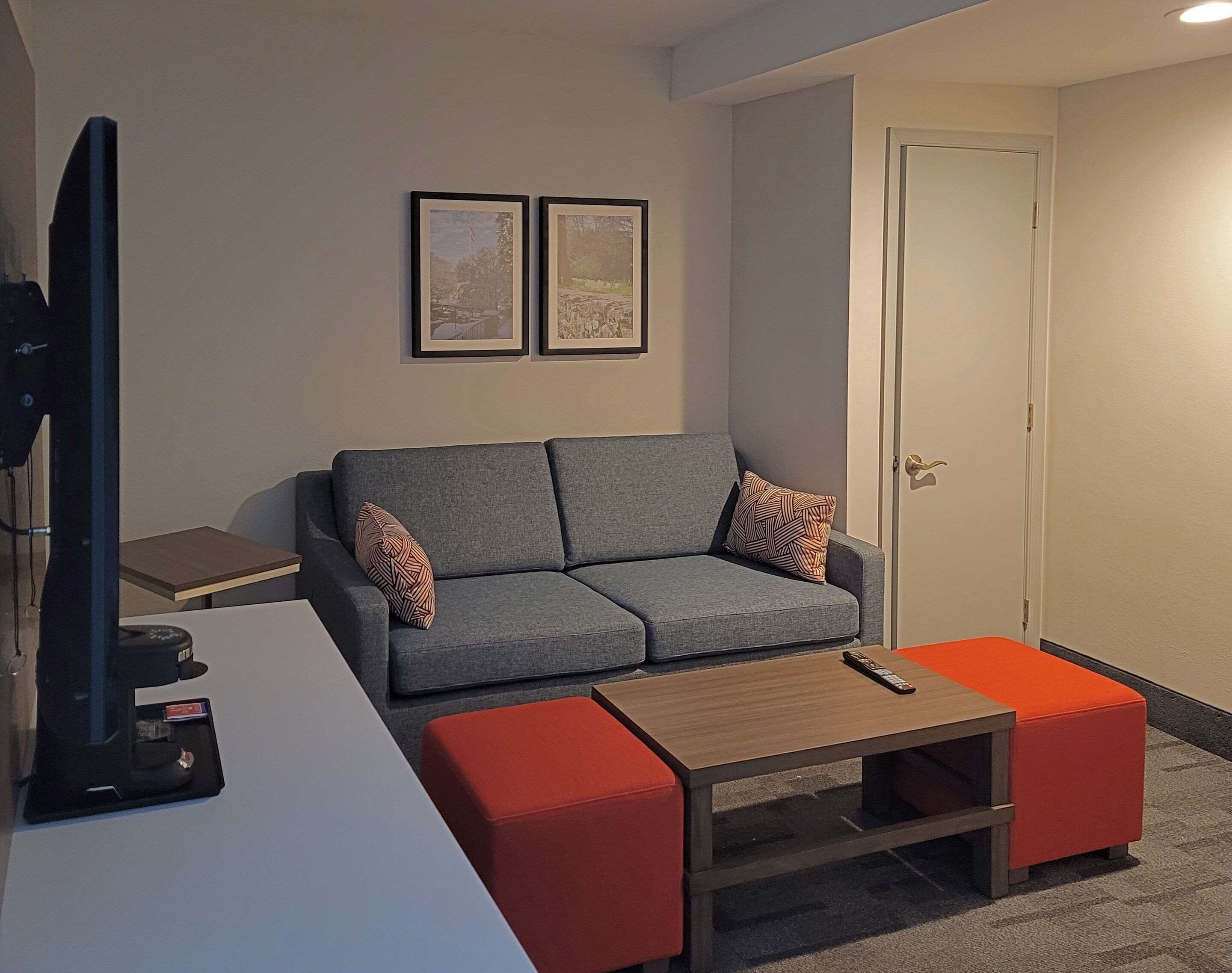 A modern living room with a grey sofa, two framed pictures on the wall, a TV, and a small table with a remote control.