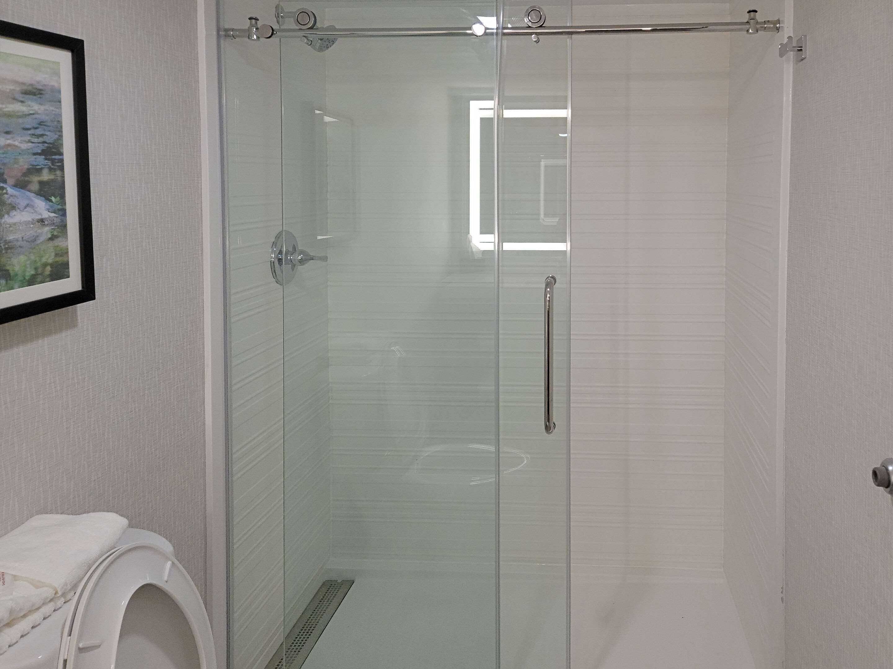 Um chuveiro com paredes de vidro e barras de apoio, um vaso sanitário branco e um quadro pendurado na parede.