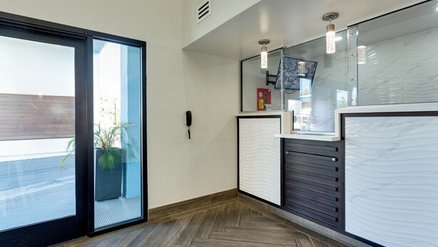 Un hall d’hôtel moderne avec une entrée dotée d’une porte en verre, une plante en pot, un comptoir d’accueil et un mur en marbre.