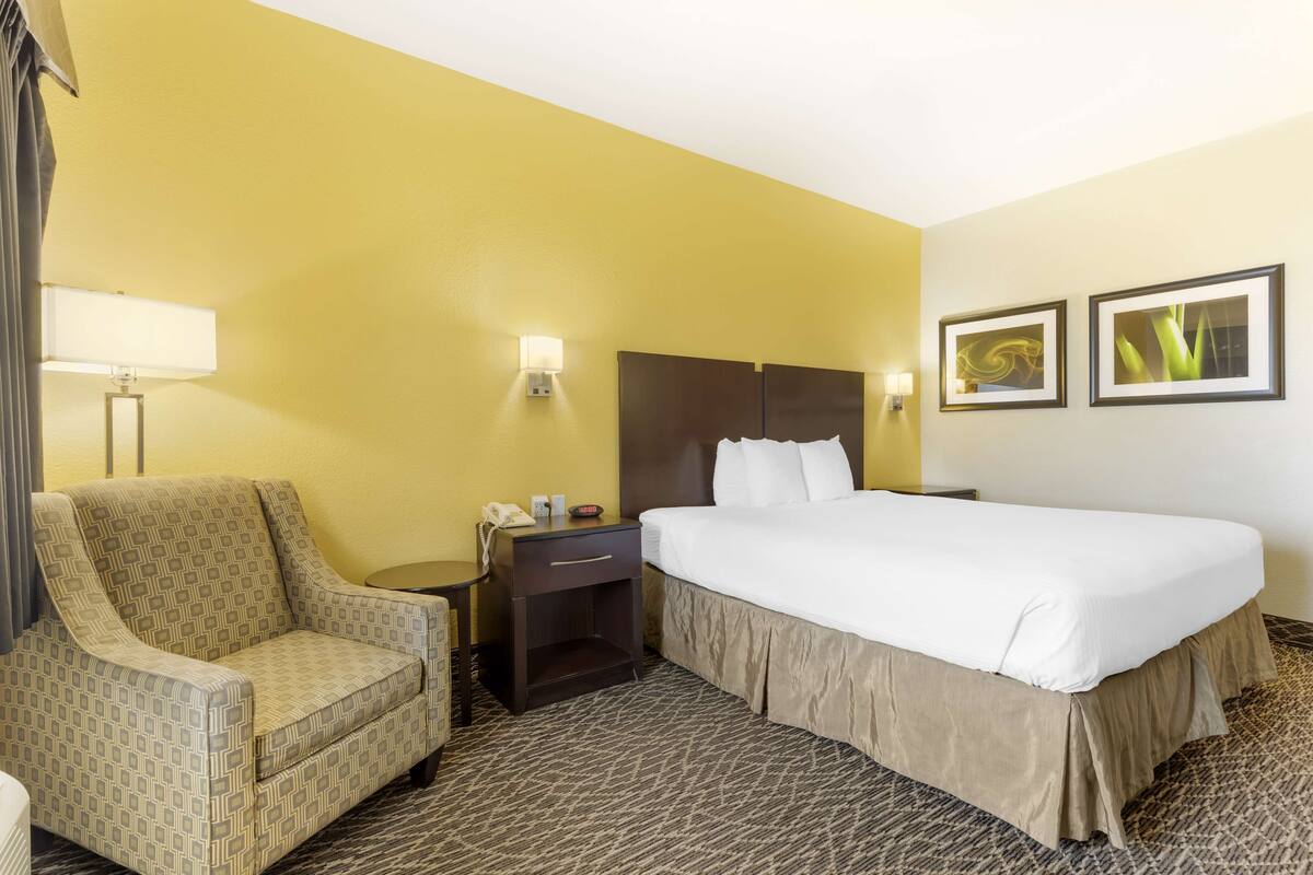 A hotel room with a bed, a chair, a nightstand, a lamp, and two framed pictures on the wall.