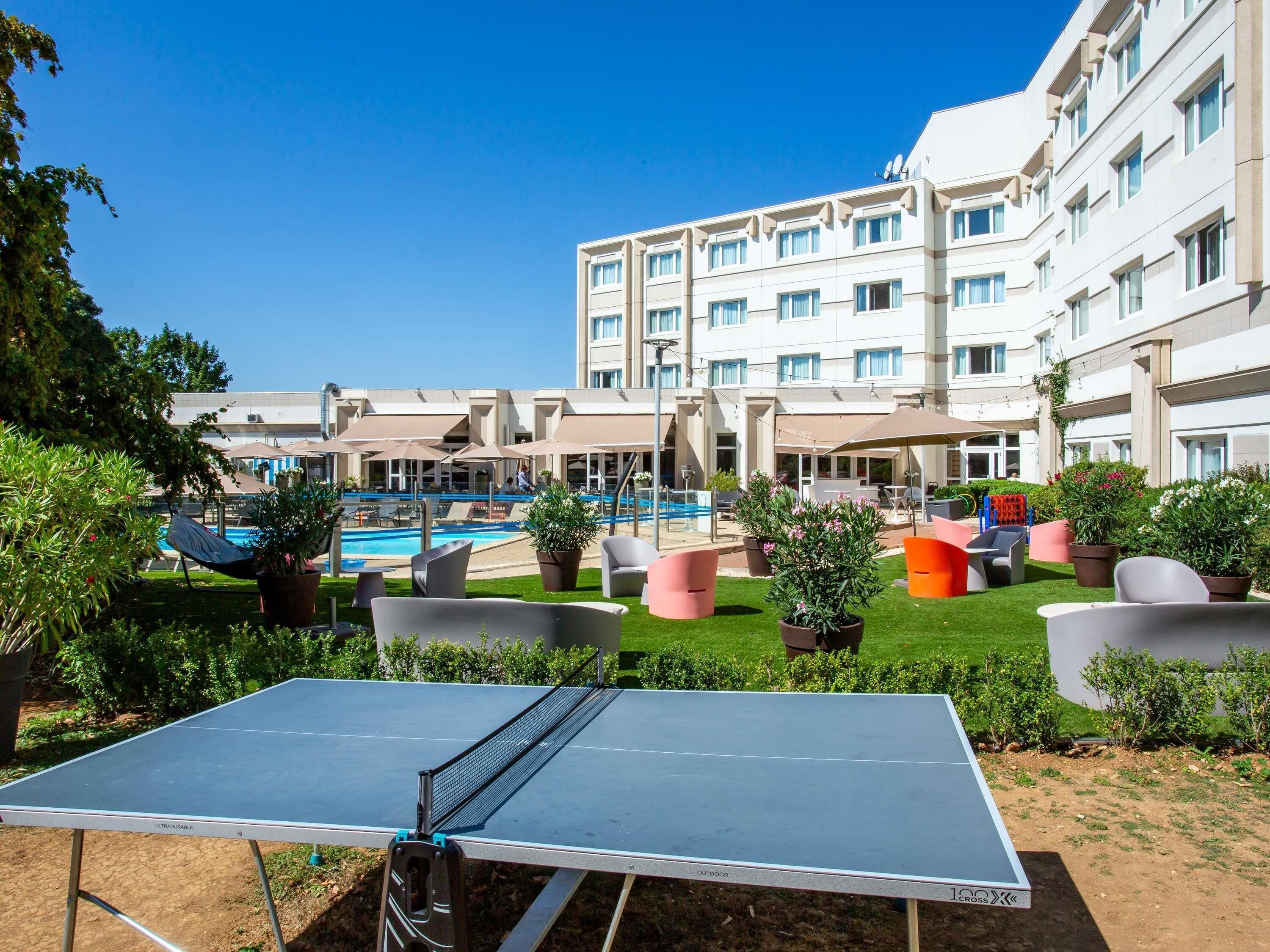 Outdoor pool, pool umbrellas, pool loungers