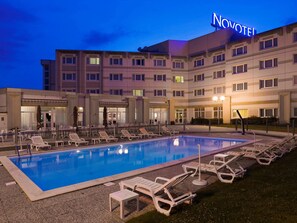 Outdoor pool, pool umbrellas, pool loungers