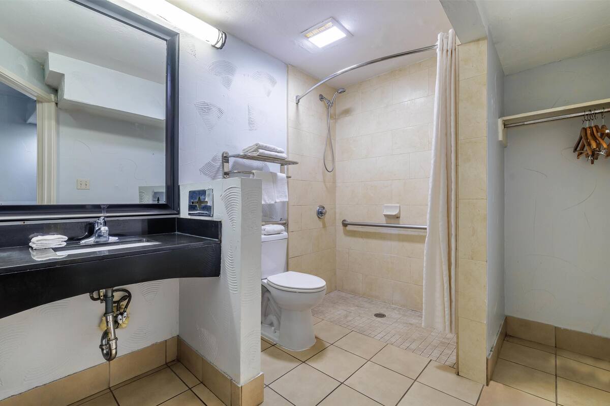 Een badkamer met een zwart aanrechtblad wastafel, een wit toilet, een douche met een gebogen glazen deur, en een handdoekhouder.