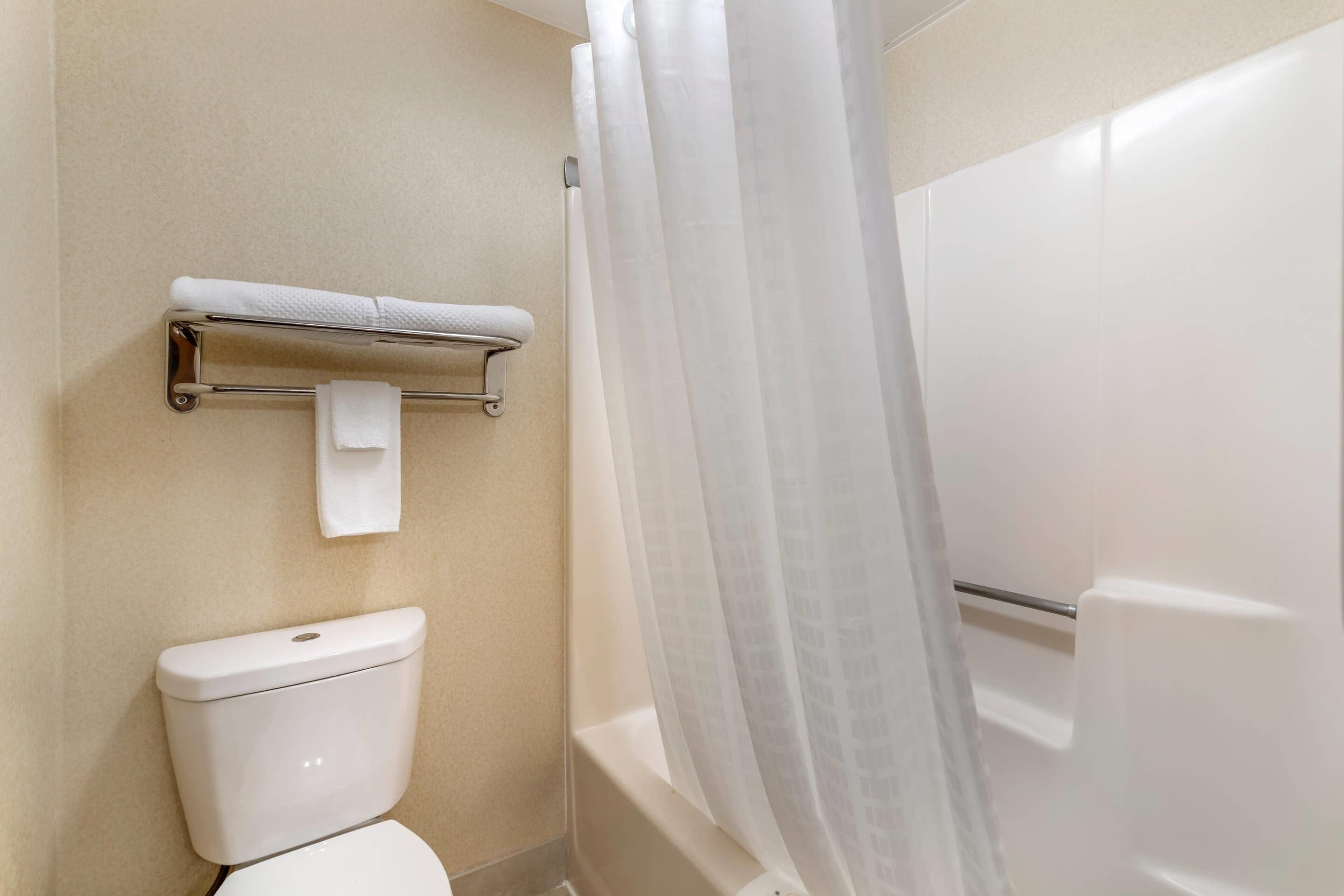 Une salle de bain équipée de toilettes, d’un porte-serviettes et d’un rideau de douche.