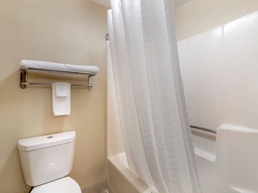 A bathroom with a toilet, a towel rack, and a shower curtain.