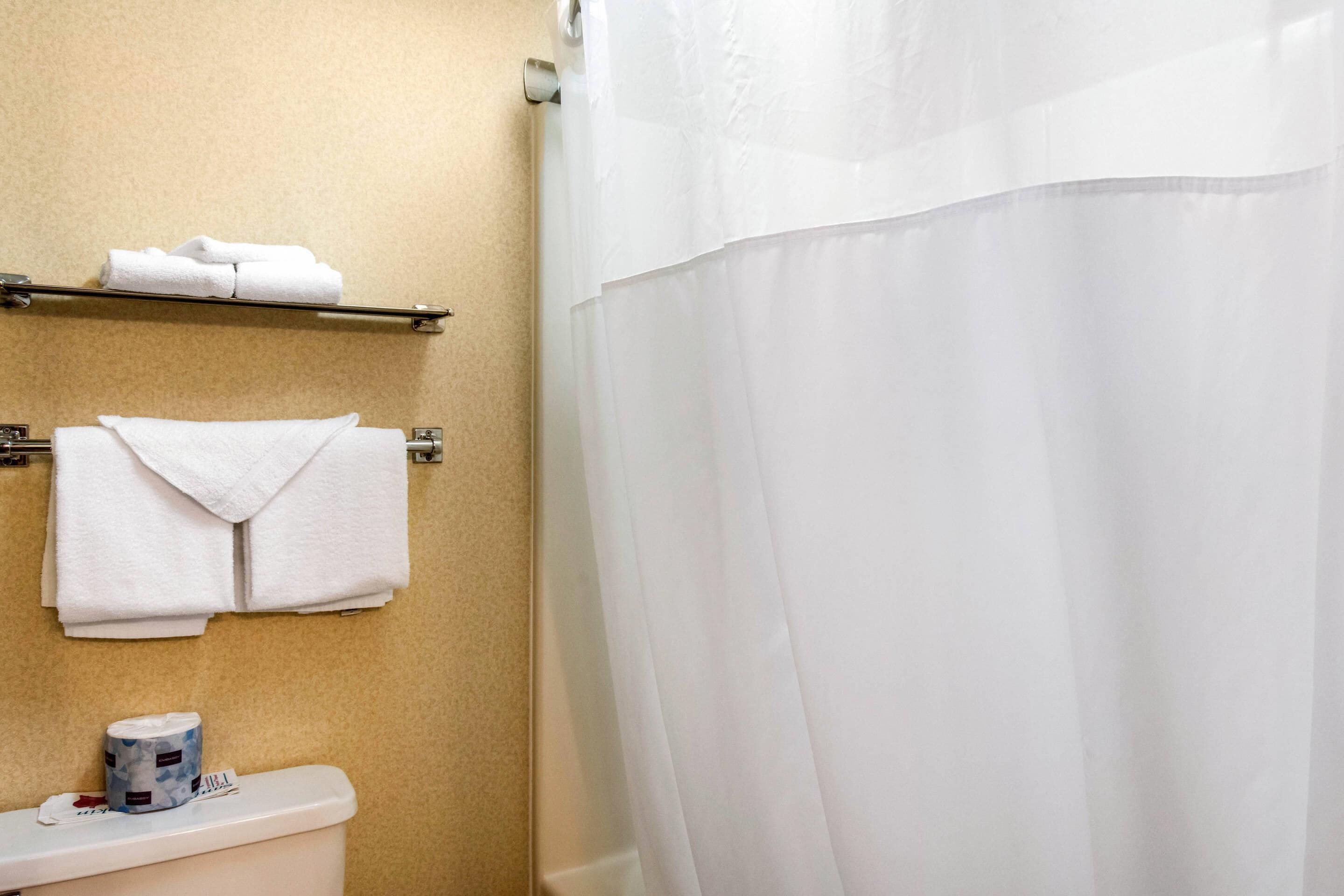 Un baño con inodoro, toallero con toallas dobladas y cortina de ducha.