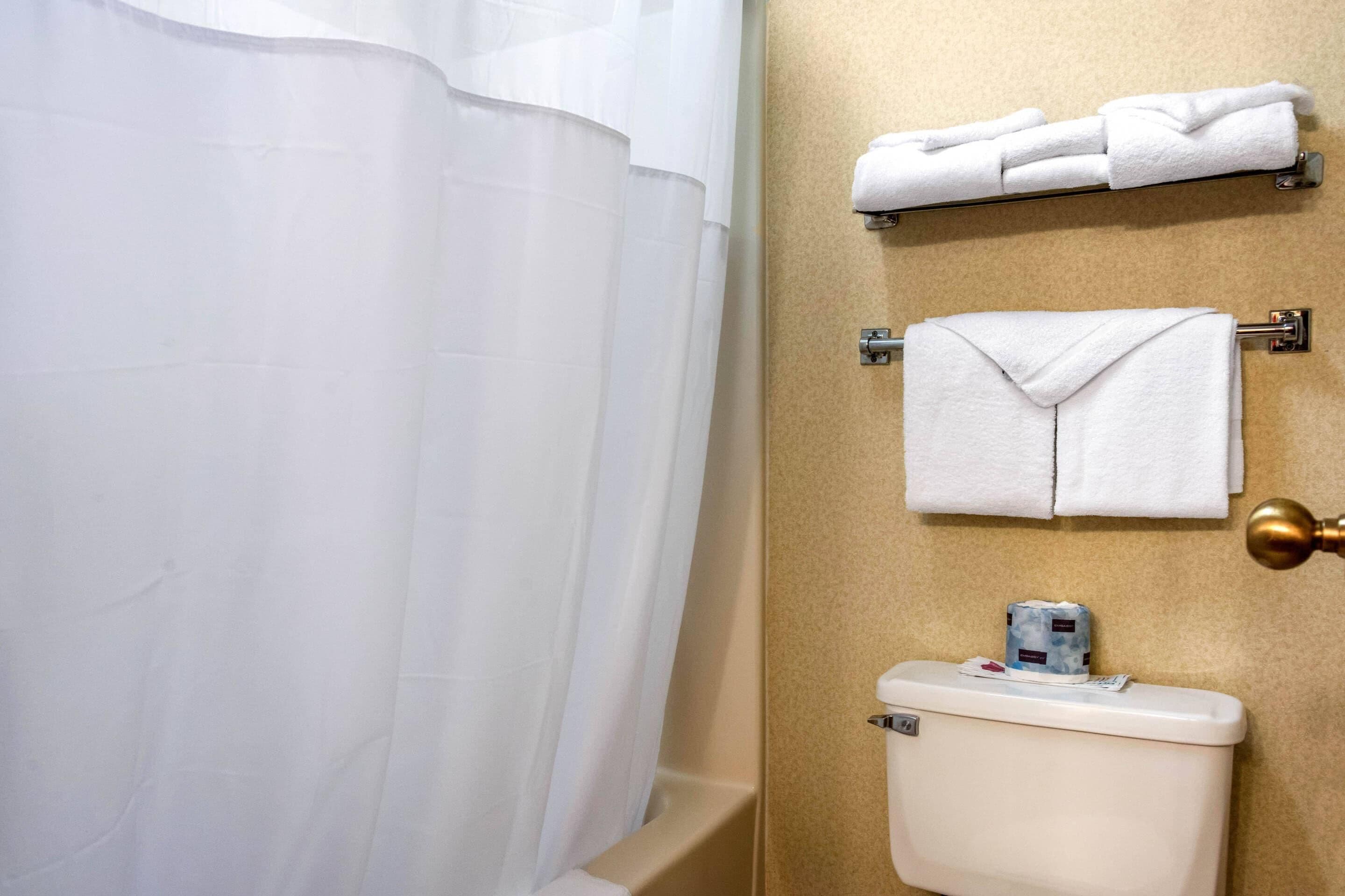 A bathroom with a white shower curtain, a toilet with a paper towel holder, and a towel rack with towels.