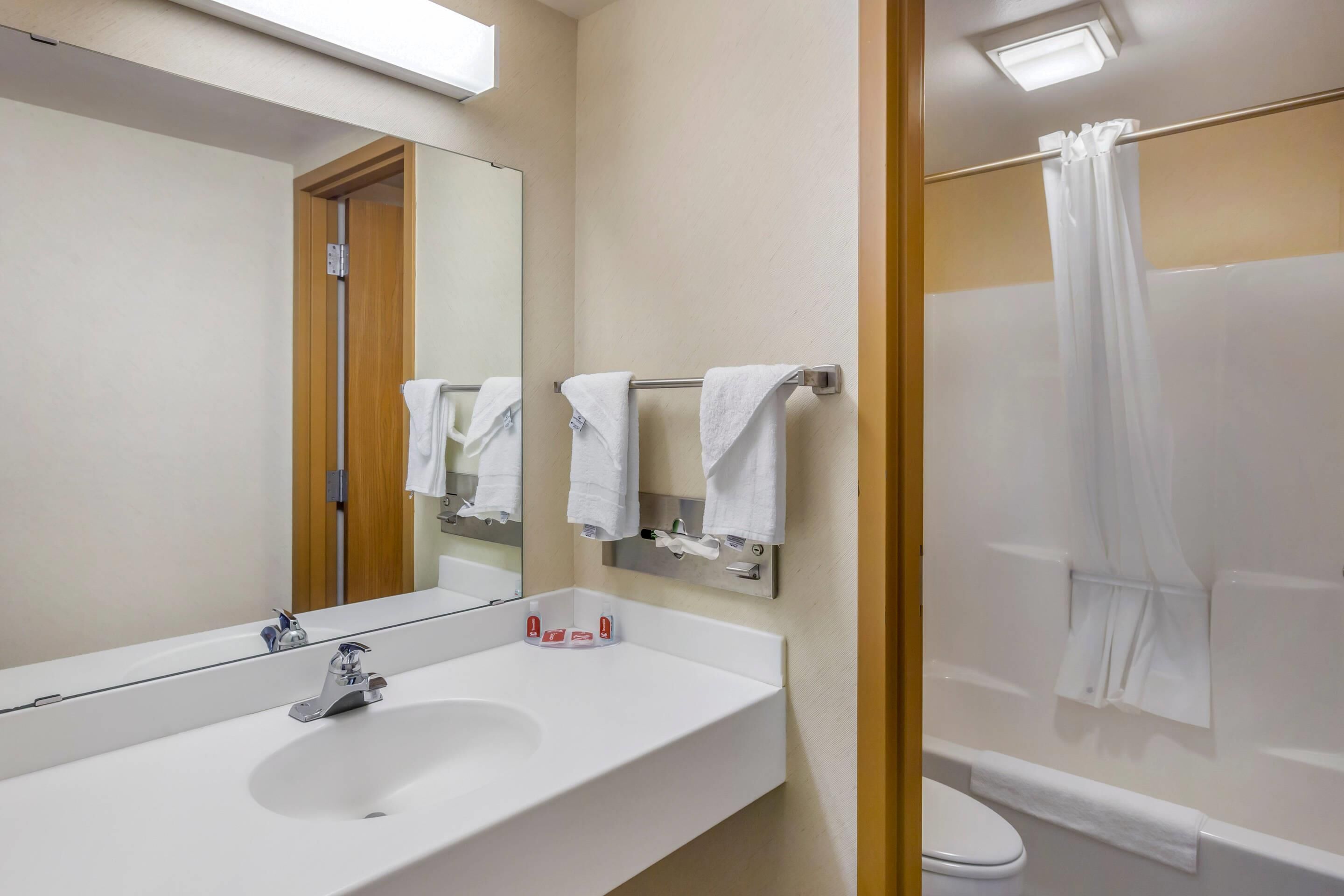 Un baño con lavamanos blanco, un espejo y una ducha con cortina.