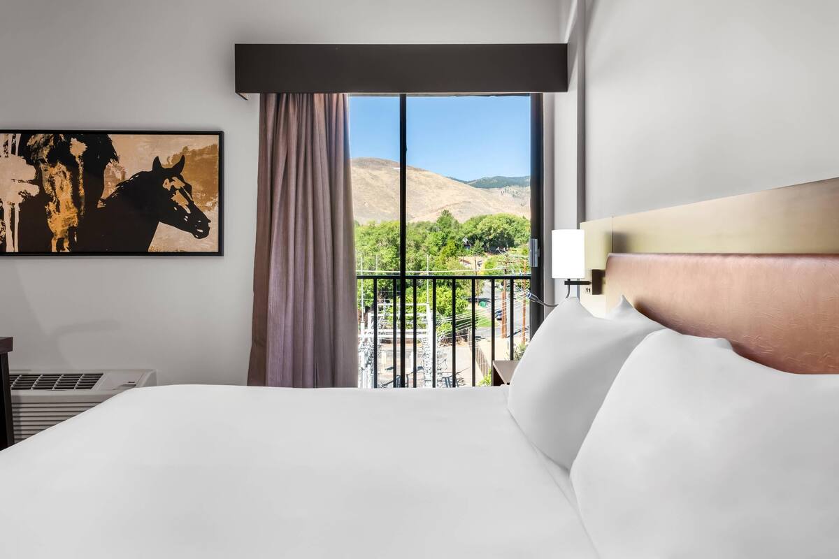 Hypo-allergenic bedding, desk, laptop workspace, blackout curtains