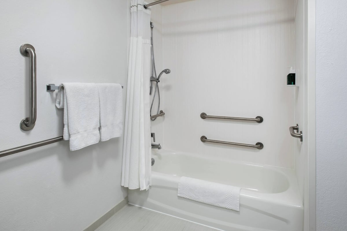 Combined shower/bathtub, free toiletries, hair dryer, towels
