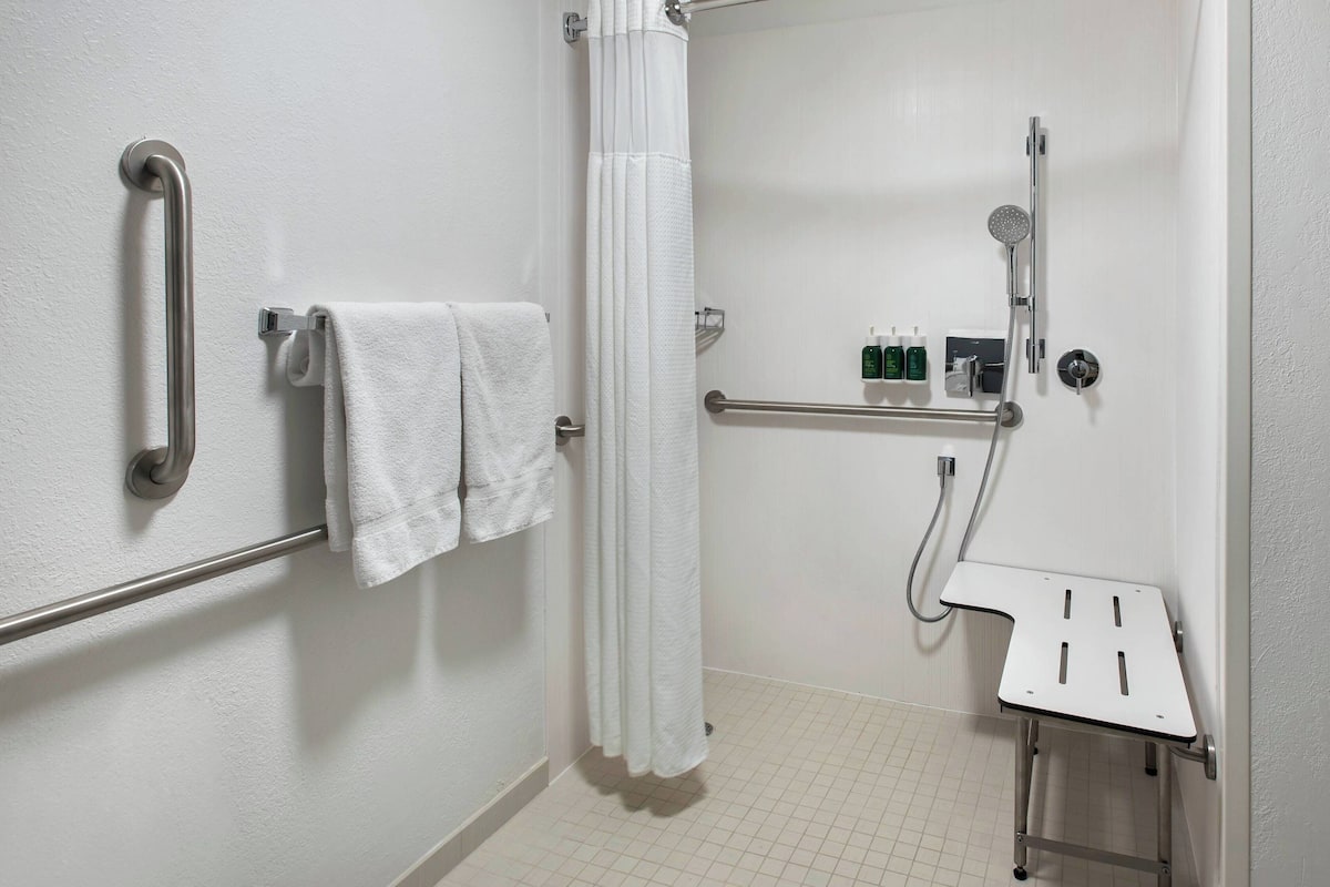 Combined shower/bathtub, free toiletries, hair dryer, towels