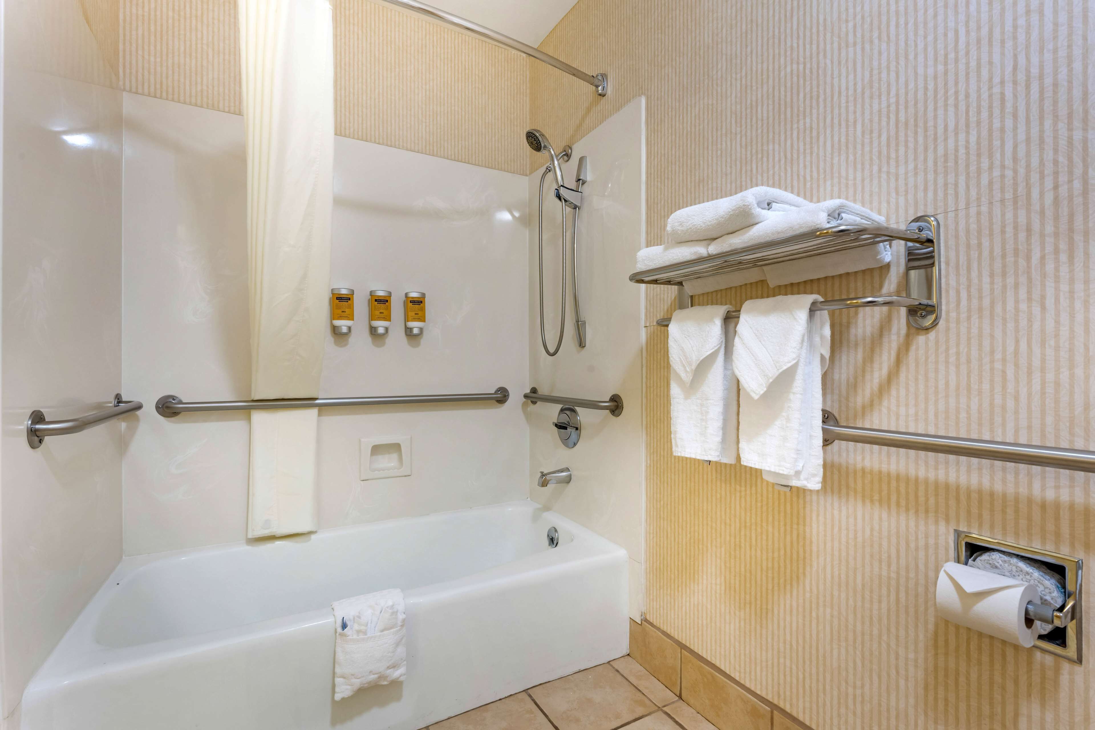 A bathroom with a bathtub, a shower, a towel rack, and a toilet paper holder.